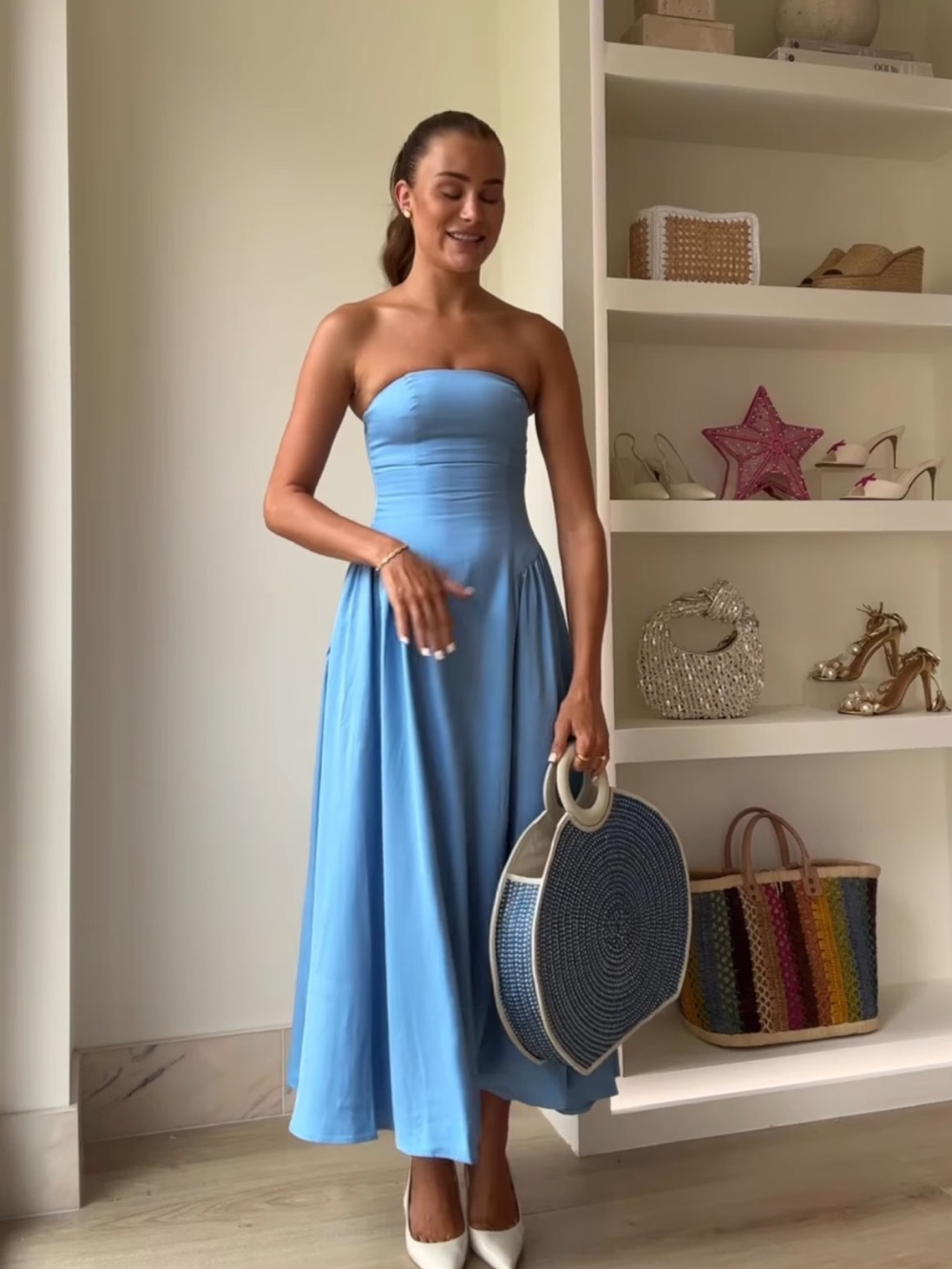 Meshki Strapless Dusty Blue Midi Gown XS